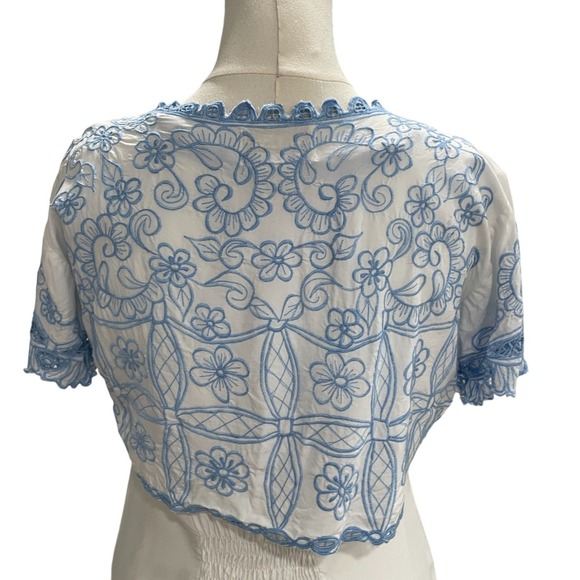 HiBis Embroidered Lace Dress Cottagecore Coquette Resort Boho Summer White Blue - Picture 8 of 9